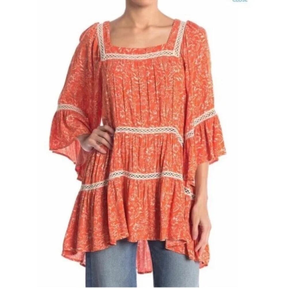 Free People Talk About It tunic top coral pop orange square neck floral boho M